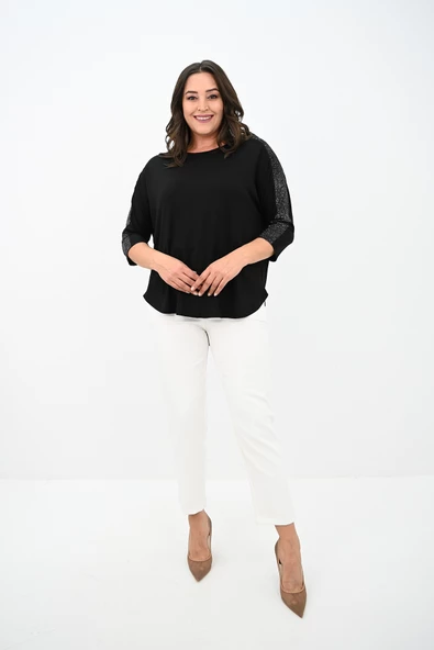 Kadın Büyük Beden Kolları Sim Detaylı Bluz 1855 - 3