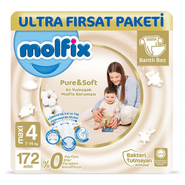 Molfix Pure&Soft Bebek Bezi 4 Beden Maxi Ultra Fırsat Paketi  172Adet