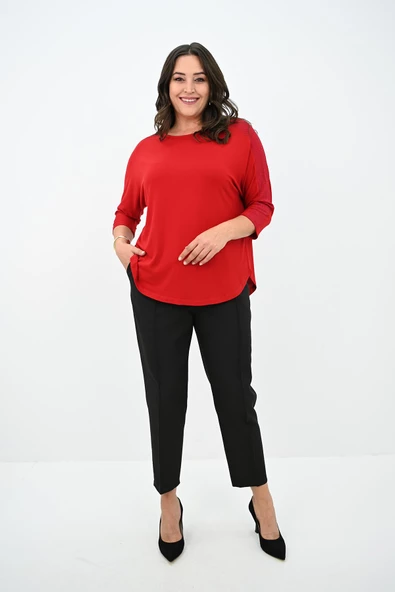 Kadın Büyük Beden Kolları Sim Detaylı Bluz 1855 - 9