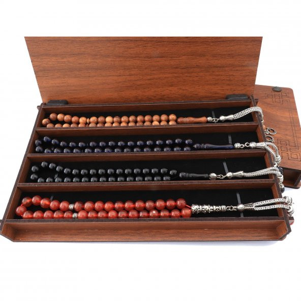 Ahşap Kutuda Kehribar Oltu Kuka Akik 4 lü Tesbih Küre KesimTesbih