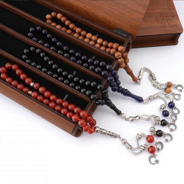 Ahşap Kutuda Kehribar Oltu Kuka Akik 4 lü Tesbih Küre KesimTesbih - 4