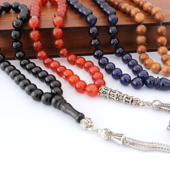 Ahşap Kutuda Kehribar Oltu Kuka Akik 4 lü Tesbih Küre KesimTesbih - 6