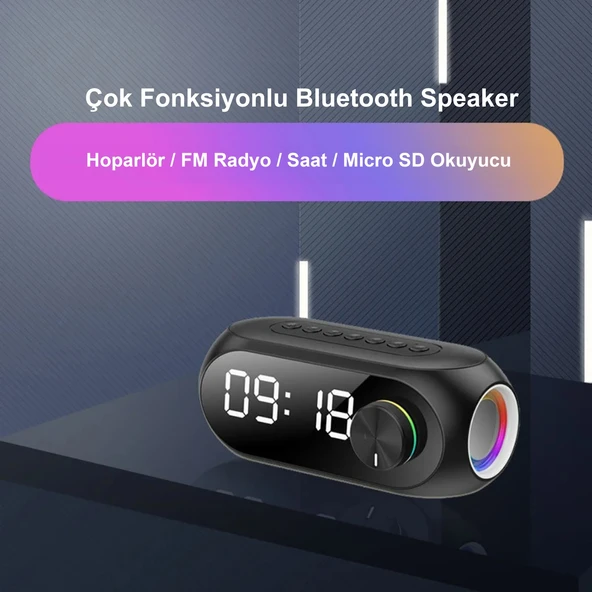 HyMark Bluetooth S8 RGB Led Işıklı Dijital Saat Alarm Şarjlı Hoparlör MP3 Fm Çok Fonksiyonlu Speaker - 2