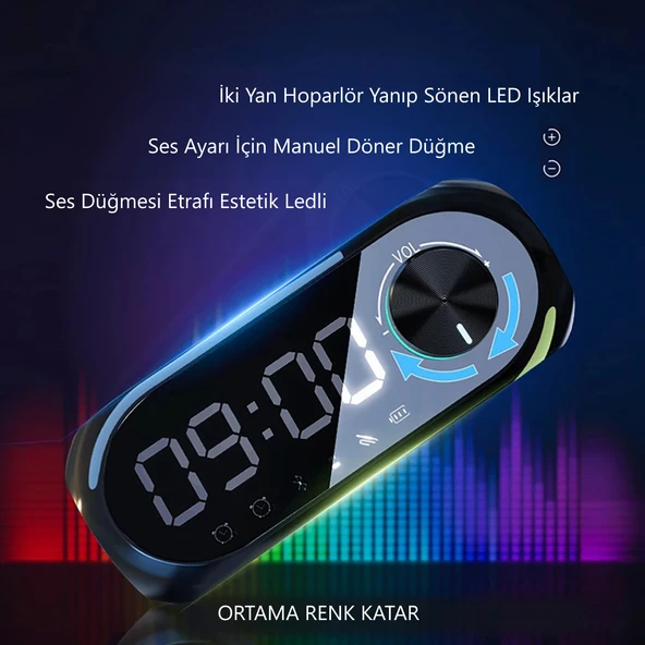 HyMark Bluetooth S8 RGB Led Işıklı Dijital Saat Alarm Şarjlı Hoparlör MP3 Fm Çok Fonksiyonlu Speaker - 4