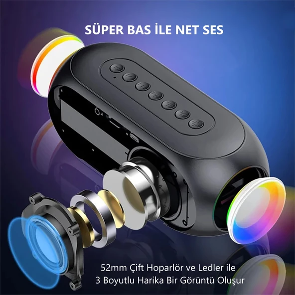 HyMark Bluetooth S8 RGB Led Işıklı Dijital Saat Alarm Şarjlı Hoparlör MP3 Fm Çok Fonksiyonlu Speaker - 5