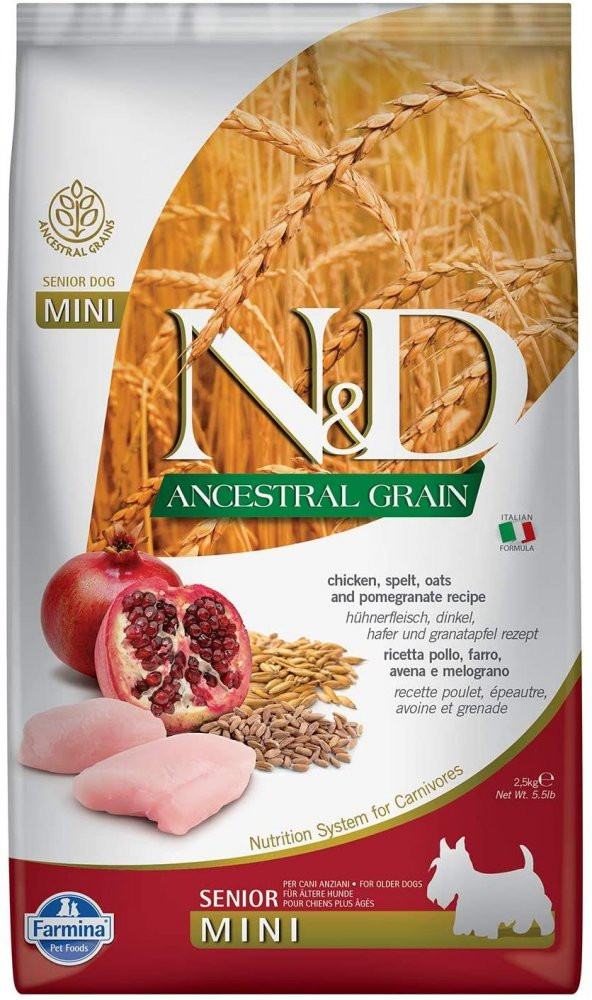 N&D Ancestral Grain Senior Tavuk, Kılçıksız Buğday & Nar Adult Mini Irk Yaşlı Köpek Maması 2,5 Kg