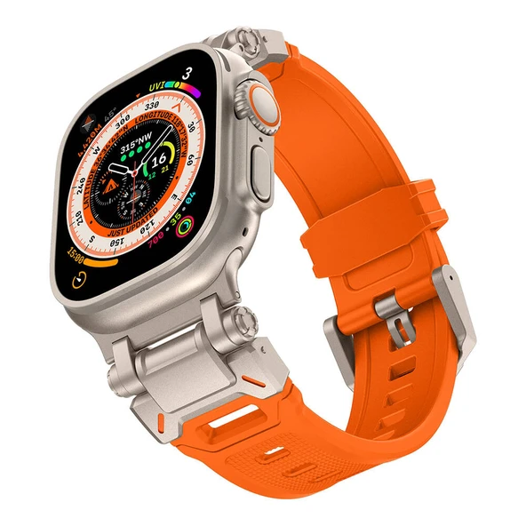 Zore Apple ile uyumlu Watch Ultra 49mm KRD-101 Titanyum Metal Başlıklı Silikon Kordon - 12