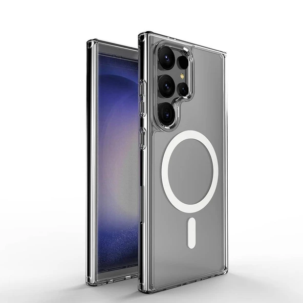 Zore Galaxy ile uyumlu S24 Ultra Kılıf M-safe Şarj Özellikli Şeffaf Sert PC Embos Kapak - Resim 6