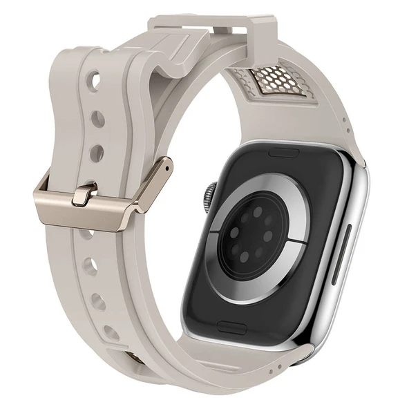 Zore Apple ile uyumlu Watch 44mm KRD-117 Hava Alabilen Delikli Metal Süslemeli Desenli Silikon Kordon - 9