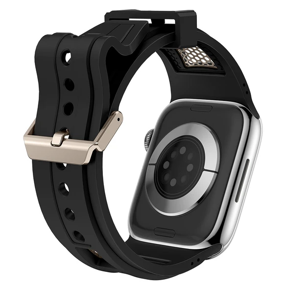 Zore Apple ile uyumlu Watch 44mm KRD-117 Hava Alabilen Delikli Metal Süslemeli Desenli Silikon Kordon - 5