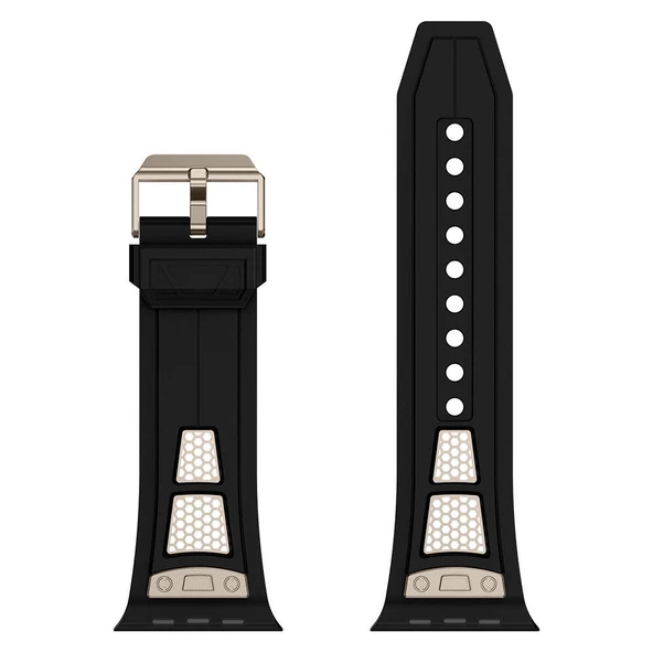 Zore Apple ile uyumlu Watch 44mm KRD-117 Hava Alabilen Delikli Metal Süslemeli Desenli Silikon Kordon - 4