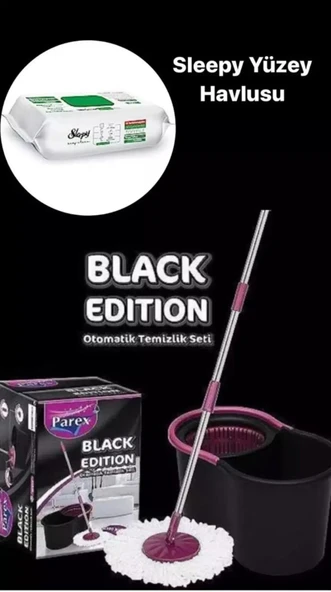 Parex Black Edition Otomatik Temizlik Seti - Kova Mop Seti--Sleepy Easy Clean Yüzey Temizlik Havlusu