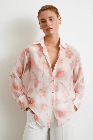 Organze Desenli Tül Gömlek Pembe - Resim 3