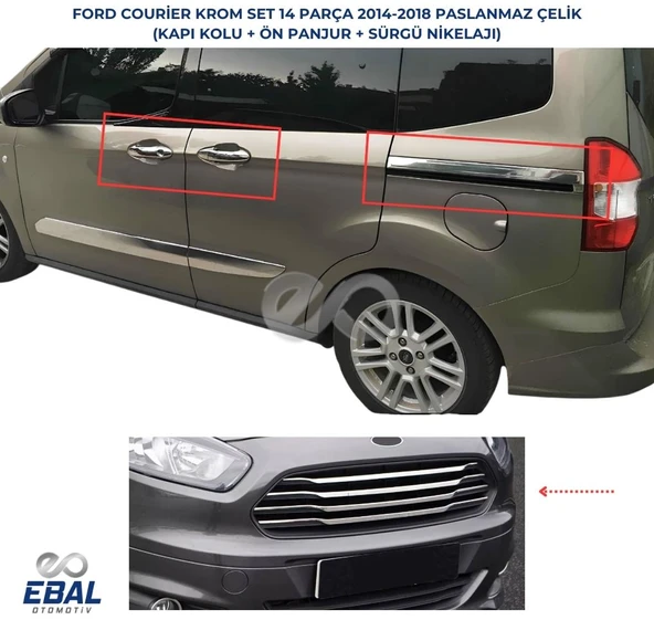 Ford Courier  3'LÜ  KROM SET (Kapı kolu+ön panjur+sürgü nikelaji) 2014-2018 Arası Uyumlu P.Çelik ürün görseli 1