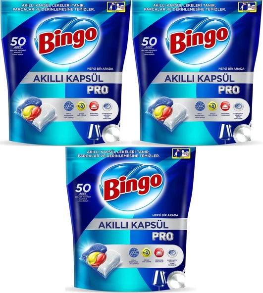 Bingo Akıllı Kapsül Pro Bulaşık Makinesi Deterjanı Tableti 150 Adet Limon Kokulu (3PK*50)