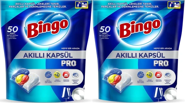 Bingo Akıllı Kapsül Pro Bulaşık Makinesi Deterjanı Tableti 100 Adet Limon Kokulu (2PK*50)