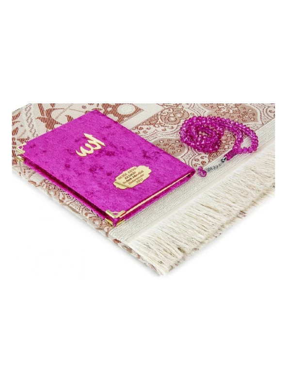 Biricik Anneme Özel Set Cep Boy Kadife Yasin Kitabı İsim Plakalı Seccade Tesbih Kutulu Fuşya - Resim 2