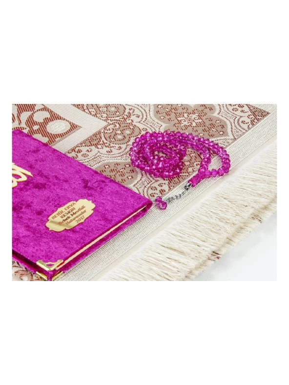 Biricik Anneme Özel Set Cep Boy Kadife Yasin Kitabı İsim Plakalı Seccade Tesbih Kutulu Fuşya - Resim 3