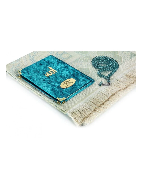 Biricik Anneme Özel Set Cep Boy Kadife Yasin Kitabı İsim Plakalı Seccade Tesbih Kutulu Petrol - Resim 2