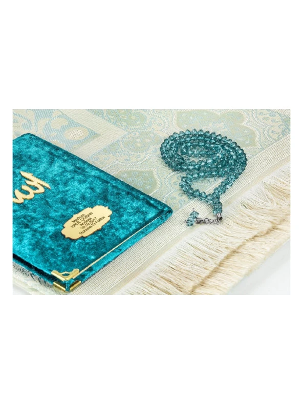 Biricik Anneme Özel Set Cep Boy Kadife Yasin Kitabı İsim Plakalı Seccade Tesbih Kutulu Petrol - Resim 3