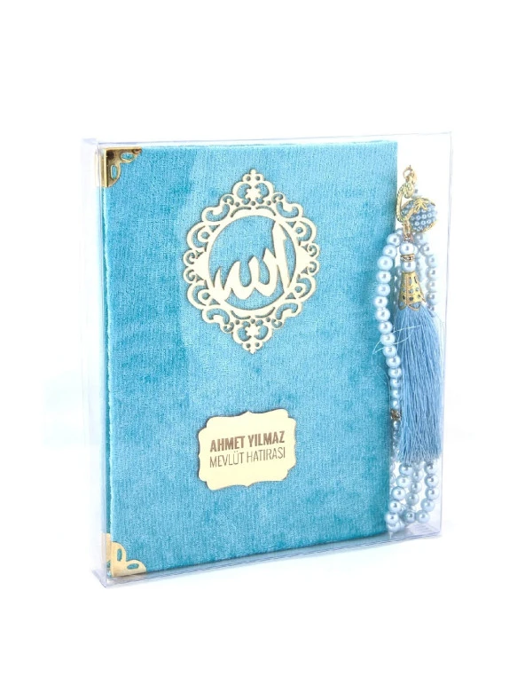 Kadife Kaplı Yasin Kitabı - Çanta Boy - İsme Özel Plakalı - Tesbihli - Kutulu - Mavi Renk - Mevlid Hediyeliği - 1