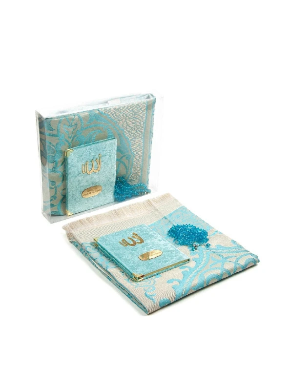 Anneler Gününe Özel Kadife Kaplı Yasin Kitabı - Çanta Boy - İsme Özel Plakalı - Seccadeli - Tesbihli - Kutulu - Mavi Renk ürün görseli 1