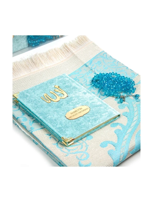 Anneler Gününe Özel Kadife Kaplı Yasin Kitabı - Çanta Boy - İsme Özel Plakalı - Seccadeli - Tesbihli - Kutulu - Mavi Renk - Resim 2
