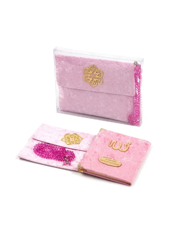 Kadife Kaplı Yasin Kitabı - Çanta Boy - İsme Özel Plakalı - Tesbihli - Keseli - Kutulu - Pembe Renk - Mevlit Hediyeliği - Resim 4