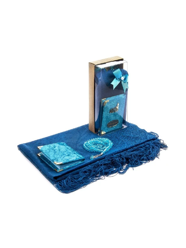 Kadife Kaplı Yasin Kitabı - Cep Boy - İsme Özel Plakalı - Tül Şallı - Tesbihli - Kutulu - Petrol Renk - İslami Hediyelik ürün görseli 1