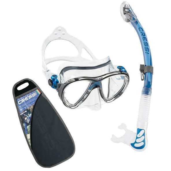 Cressi Big Eyes Evolution+Alpha Ultra Dry Maske Şnorkel Seti Şeffaf-Mavi