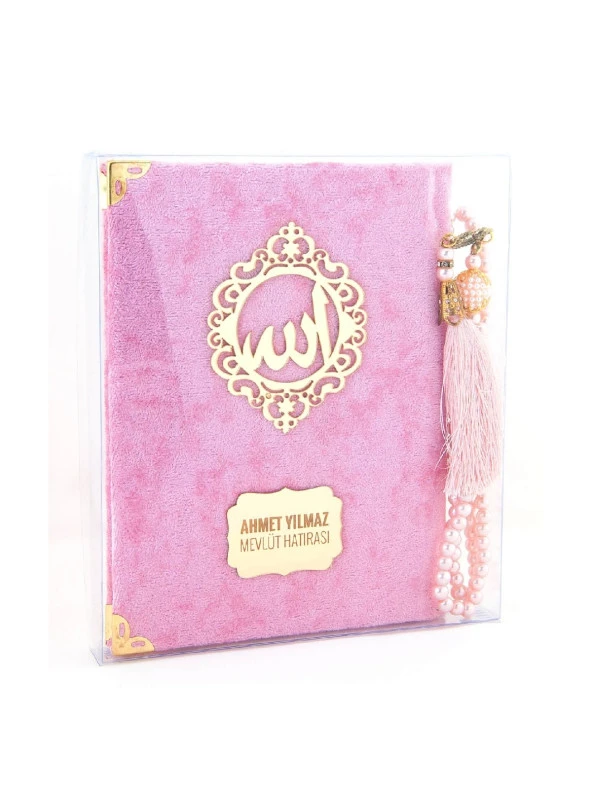 Kadife Kaplı Yasin Kitabı - Çanta Boy - İsme Özel Plakalı - Tesbihli - Kutulu - Pembe Renk - Mevlid Hediyeliği