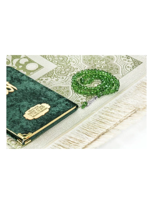 Biricik Anneme Özel Set Cep Boy Kadife Yasin Kitabı İsim Plakalı Seccade Tesbih Kutulu Yeşil - Resim 2