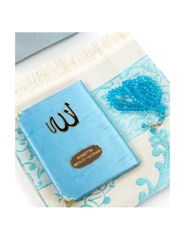 Şantuk Kumaş Kaplı Yasin Kitabı - Çanta Boy - İsme Özel Plakalı - Seccadeli - Tesbihli - Keseli - Mavi Renk - Cemiyet Hediyeliği - Resim 2
