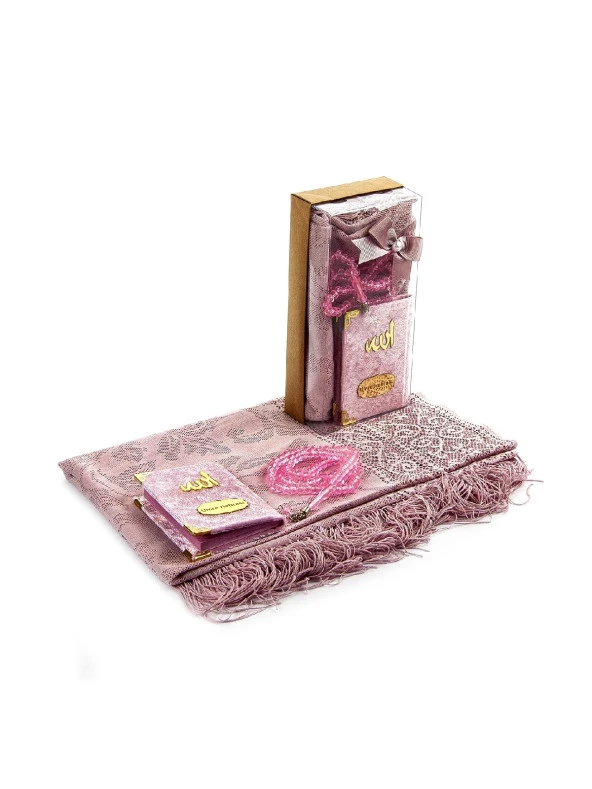Kadife Kaplı Yasin Kitabı - Cep Boy - İsme Özel Plakalı - Tül Şallı - Tesbihli - Kutulu - Pembe Renk - İslami Hediyelik
