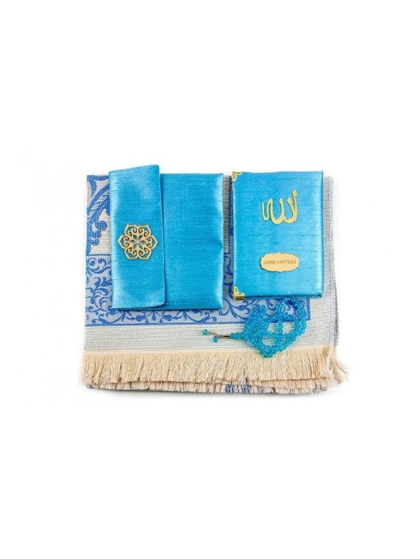 Şantuk Kumaş Kaplı Yasin Kitabı - Çanta Boy - İsme Özel Plakalı - Seccadeli - Tesbihli - Keseli - Mavi Renk - Mevlid Hediyeliği - Resim 2