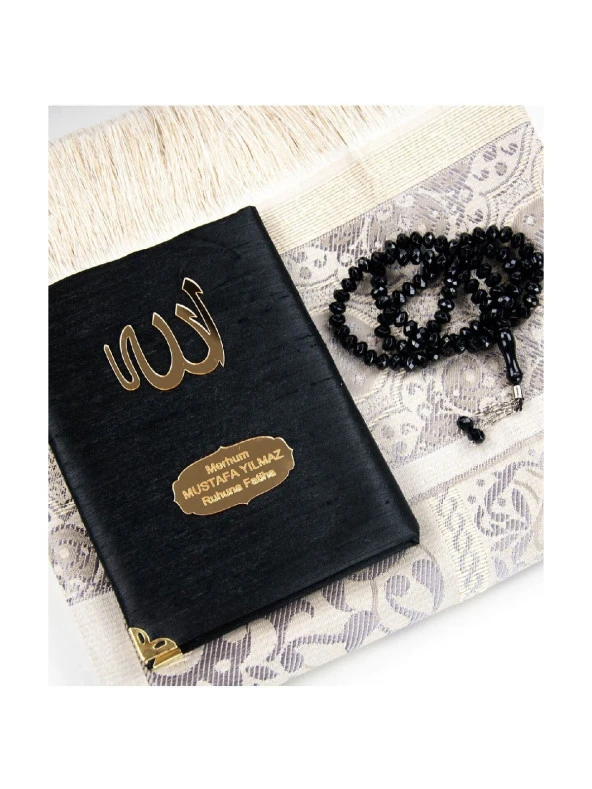 Şantuk Kumaş Kaplı Yasin Kitabı - Çanta Boy - İsme Özel Plakalı - Seccadeli - Tesbihli - Keseli - Siyah Renk - Cemiyet Hediyeliği - Resim 2