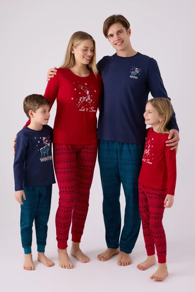 Arnetta 3106 Garson Aile Let İt Snow Kız Çocuk Kırmızı Uzun Kol Pijama Takım - 7