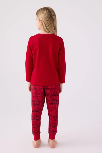 Arnetta 3106 Garson Aile Let İt Snow Kız Çocuk Kırmızı Uzun Kol Pijama Takım - 5