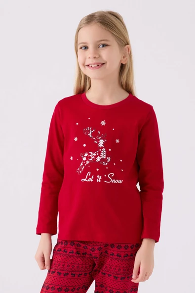 Arnetta Aile Let İt Snow Kız Çocuk Kırmızı Uzun Kol Pijama Takım - 3