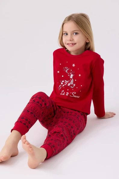 Arnetta 3106 Garson Aile Let İt Snow Kız Çocuk Kırmızı Uzun Kol Pijama Takım - 2