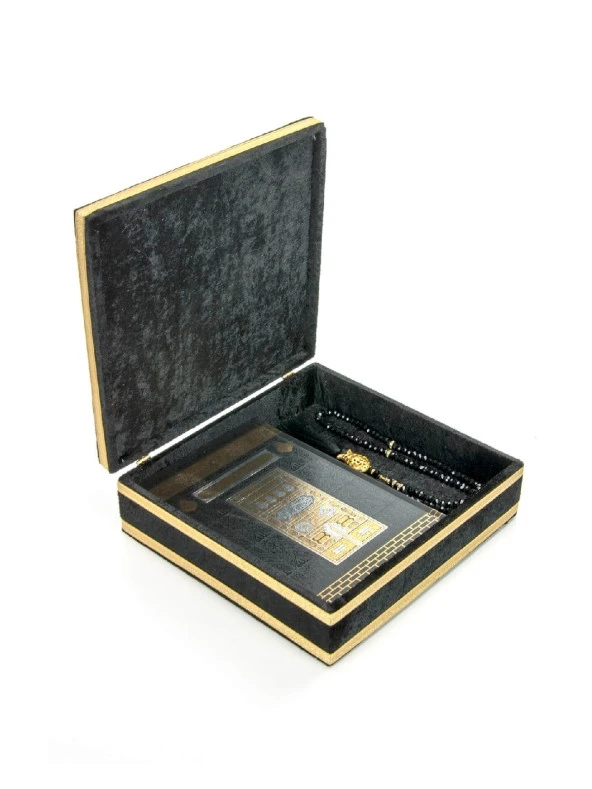 Özel Kadife Kaplı Sandık Kuranı Kerim ve Tesbih Dini Hediyelik Siyah-1330 - Resim 3