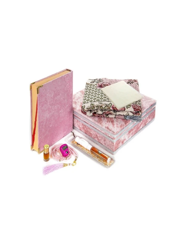 Anneler Günü Hediyesi Özel Kadife Kaplı Sandıklı Kuranı Kerim Dini Hediyelik Set - Pembe ürün görseli 1
