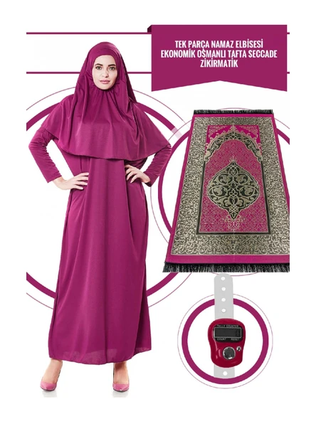 Tek Parça Namaz Elbisesi - Fuşya- 5015  ve  Seccade  ve  Zikirmatik - Üçlü Takım ürün görseli 1