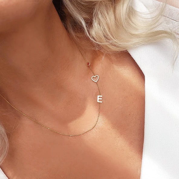 Vaoov 925 Ayar Gümüş Taşlı Kalp ve Harf Kolye - Resim 5