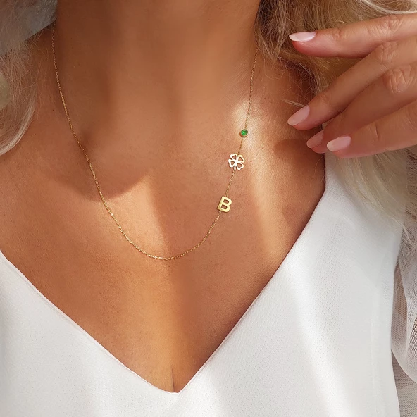 Vaoov 925 Ayar Gümüş Yonca ve Harf Kolye - Resim 4