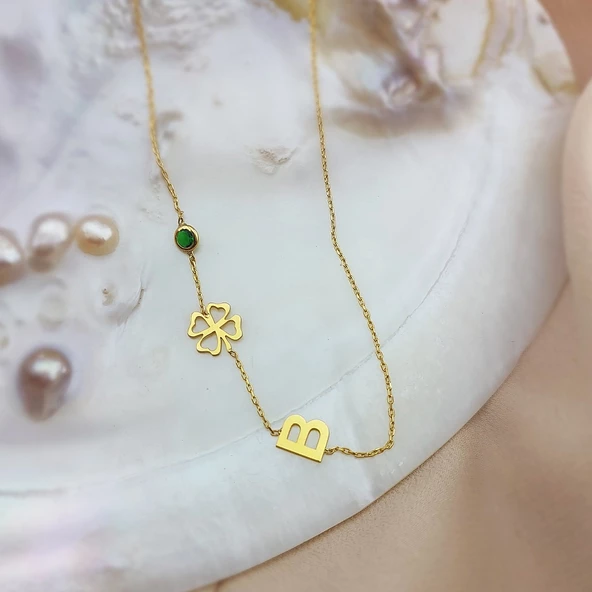 Vaoov 925 Ayar Gümüş Yonca ve Harf Kolye - Resim 3