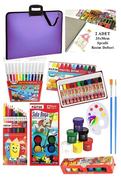 Öğrenci Boyama Seti 11 Parça 1 Paket 35x50 Resim Çantası Resim Defter Fatih Sulu Boya Kuru Boya Pastel Boya Keçeli Kalem - 5