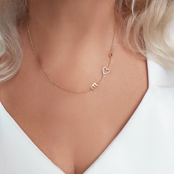 Vaoov 925 Ayar Gümüş Taşlı Kalp ve Harf Kolye - Resim 4