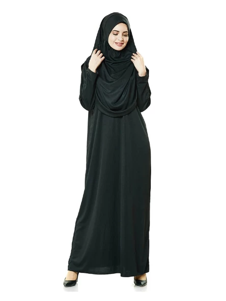 Tek Parça Namaz Elbisesi - Siyah - 5015  ve  Seccade  ve  Zikirmatik - Üçlü Takım - Resim 3
