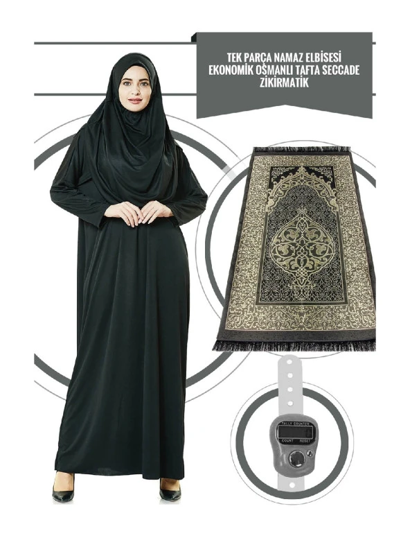 Tek Parça Namaz Elbisesi - Siyah - 5015  ve  Seccade  ve  Zikirmatik - Üçlü Takım
